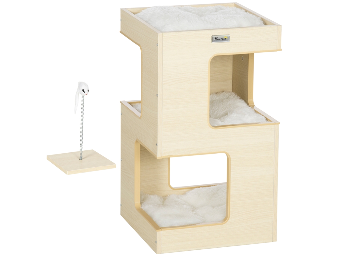 Caverna Gato Natural E Cinza 34x34x60 Cm, 2 Andares Com Brinquedos Incluídos