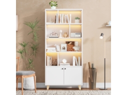 Estante 80x30x173cm, Pernas Maciças, Múltiplas Prateleiras, Portas Duplas, Led Colorido, Controle Remoto, Design Simples, Branco.