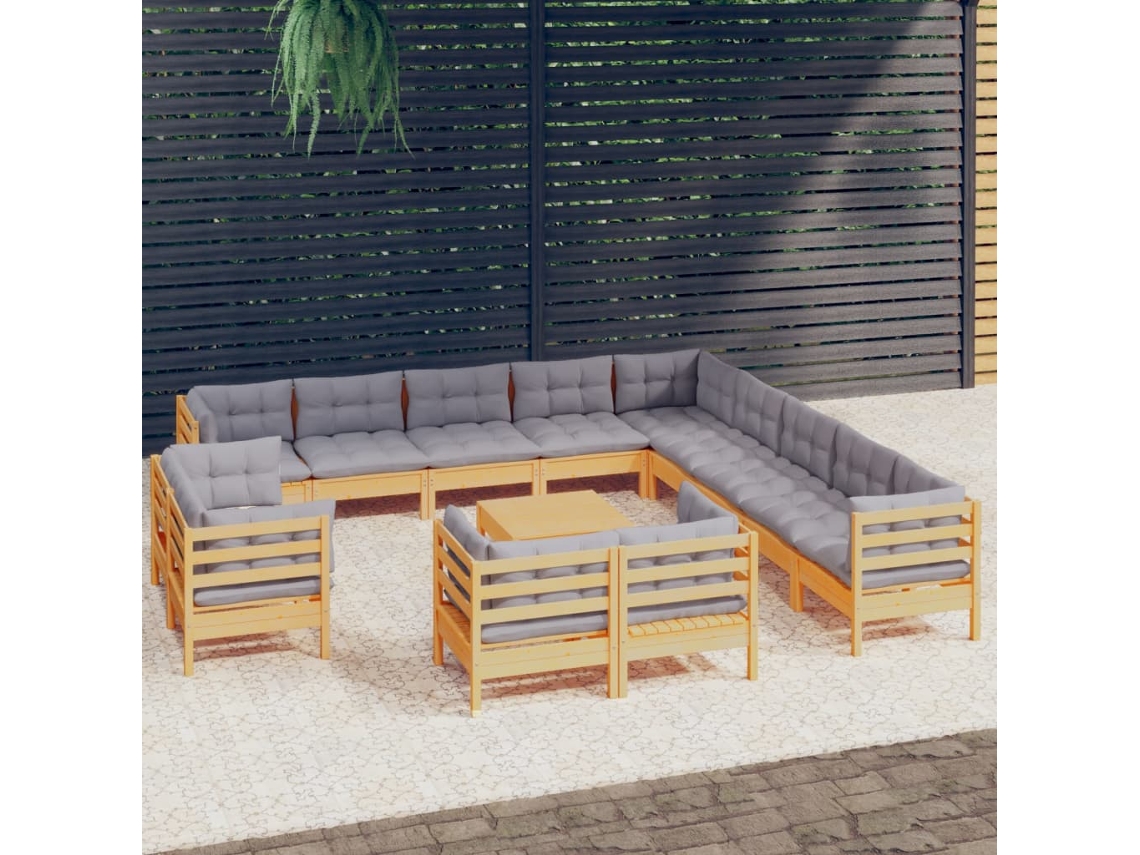 Vidaxl 14 Pcs Conj. Lounge Jardim C/ Almofadões Cinzentos Pinho Maciço