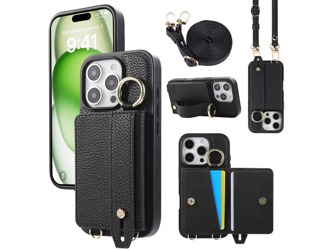Capa Para Iphone 16 Pro Max Em Couro Pu Com Carteira E Alça Preto Czhhmart