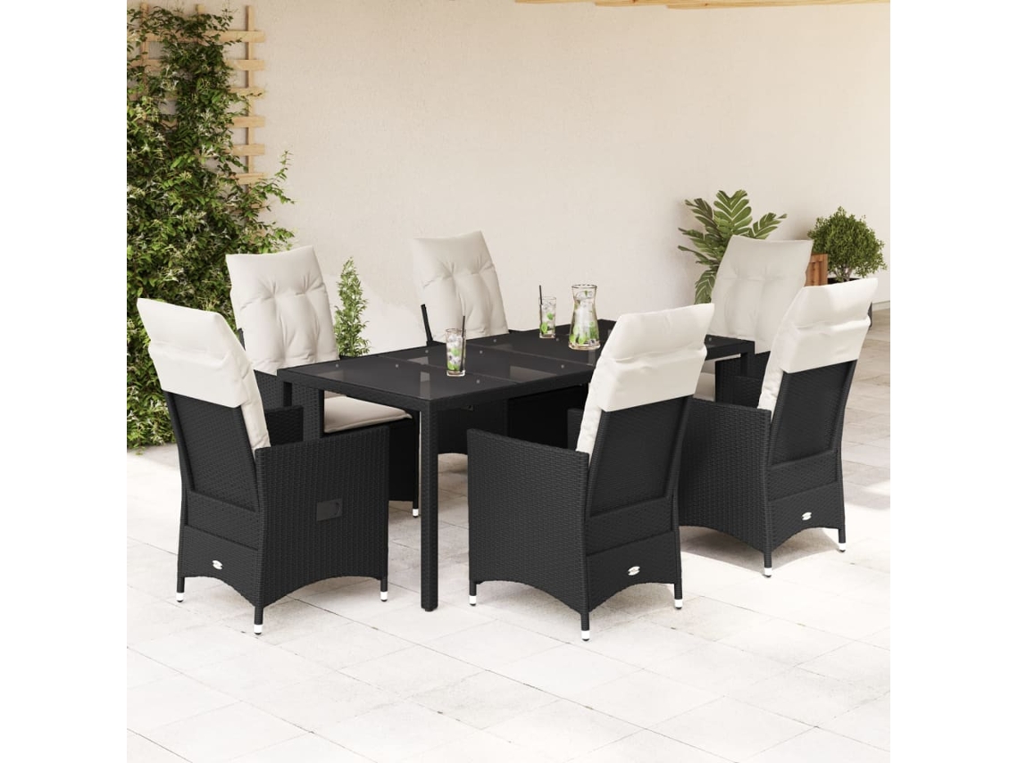 Vidaxl 7 Pcs Conjunto De Jantar P/ Jardim C/ Almofadões Vime Pe Preto