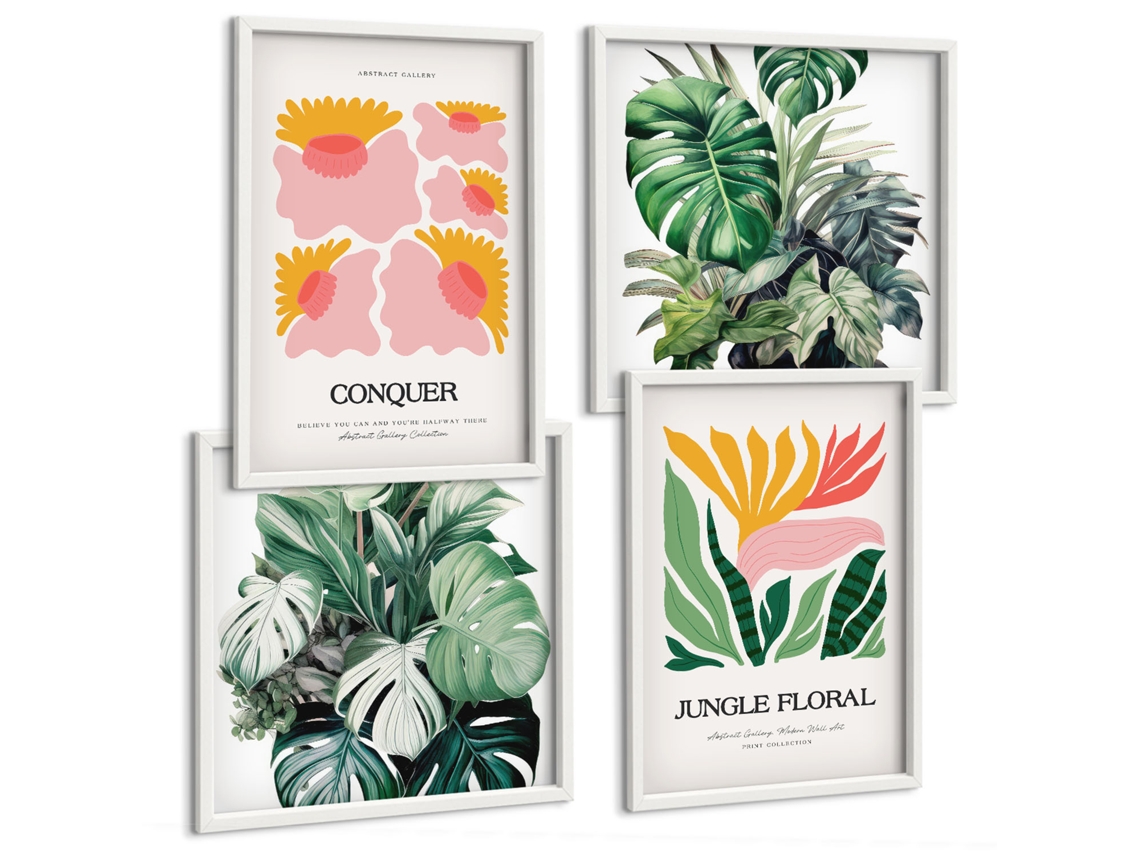 Composição De Quadros Motivos Vegetais Boho Flores Espelharte (4 Peças)