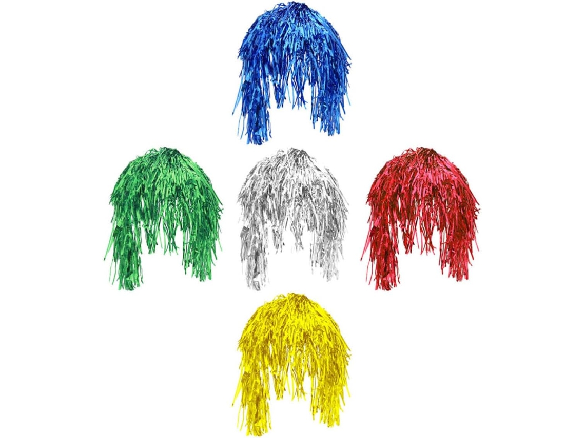 Conjunto de 5 perucas leves de PVC com efeito brilhante para cosplay e ocasiões especiais.