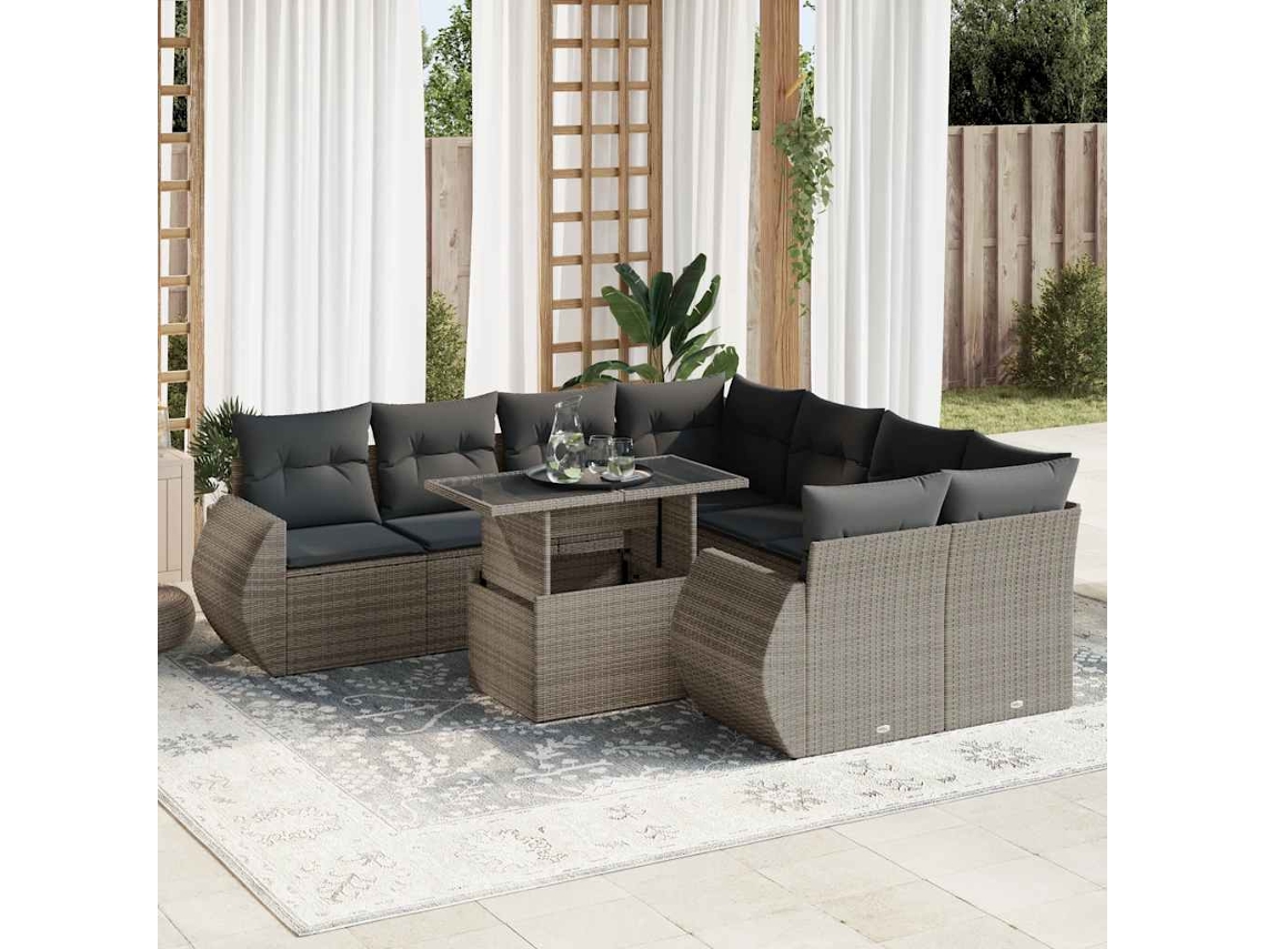 Vidaxl 9 Pcs Conjunto Sofás P/ Jardim Com Almofadões Vime Pe Cinzento