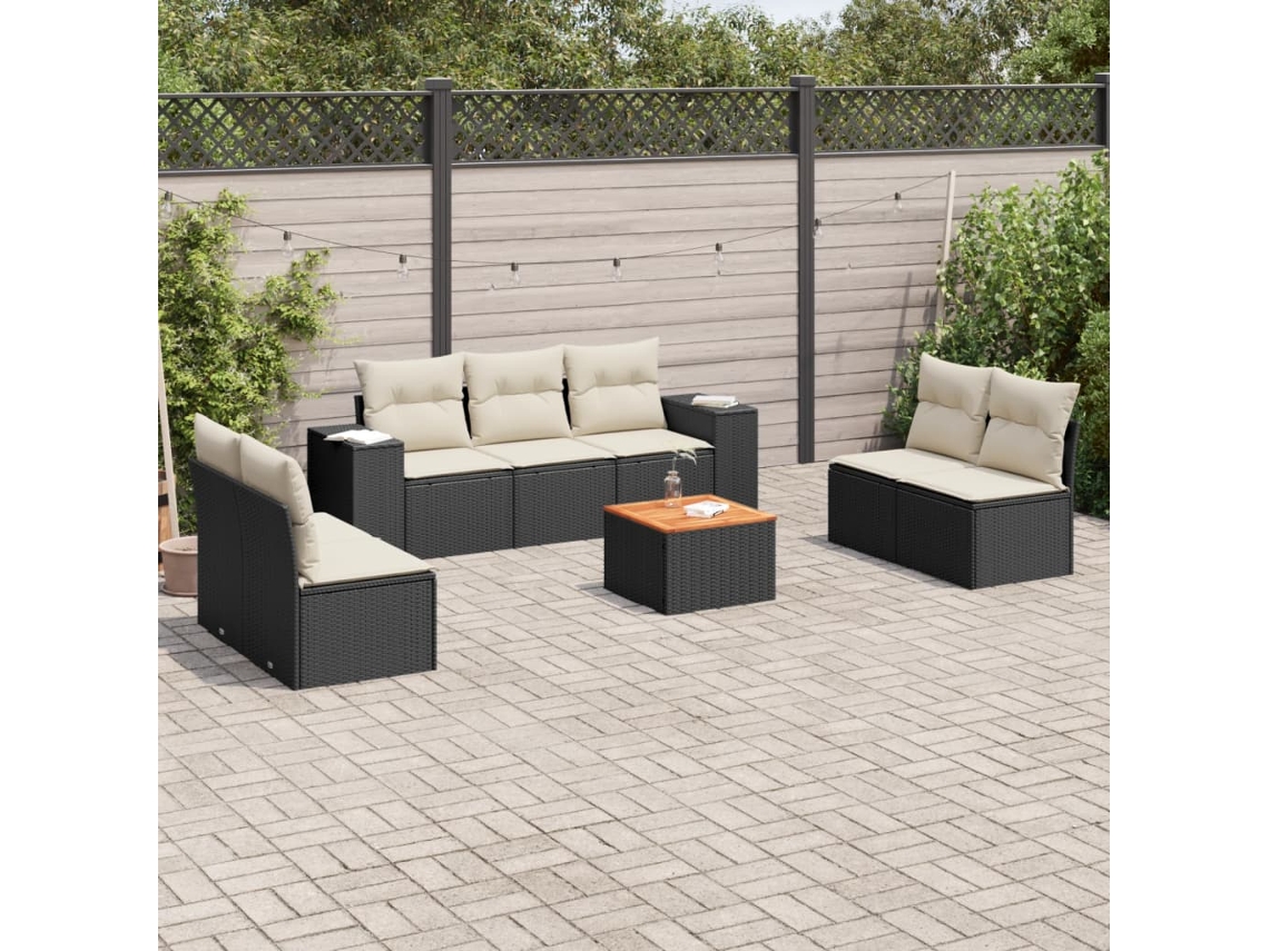 Vidaxl 8 Pcs Conjunto Sofás De Jardim Com Almofadões Vime Pe Preto