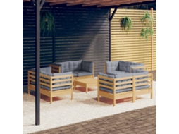 Vidaxl 9 Pcs Conjunto Lounge De Jardim C/ Almofadões Cinzentos Pinho
