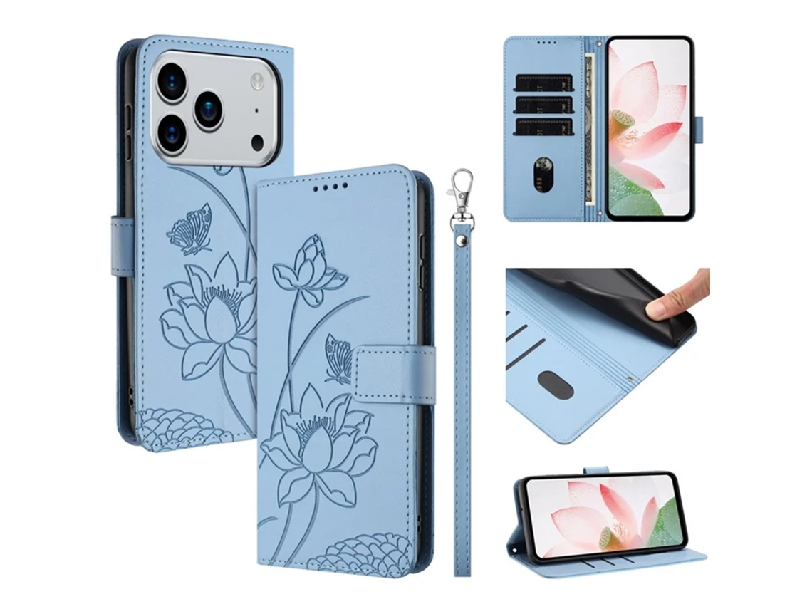 Capa Carteira Em Couro Sintético Com Estampa De Lótus Para Iphone 17 Pro Max - Azul