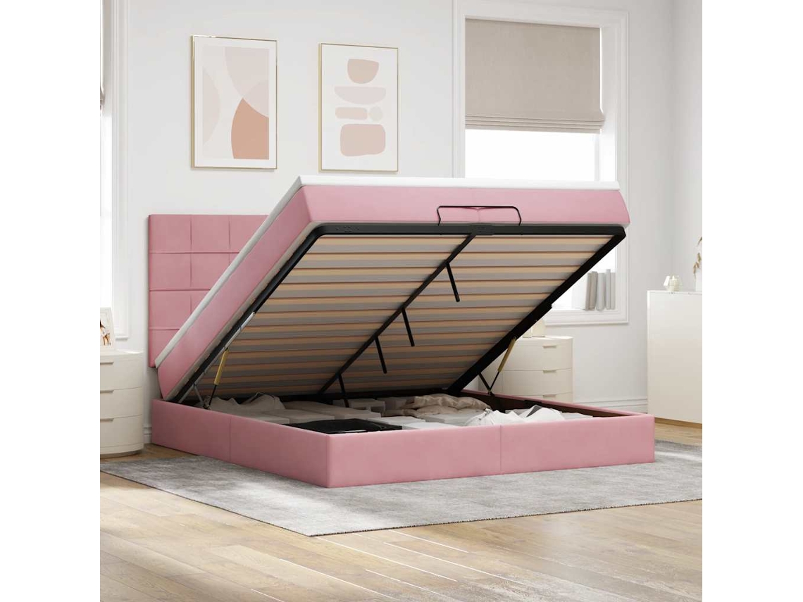 Moldura De Cama Otomana Com Colchão Rosa 200x200cm Veludo