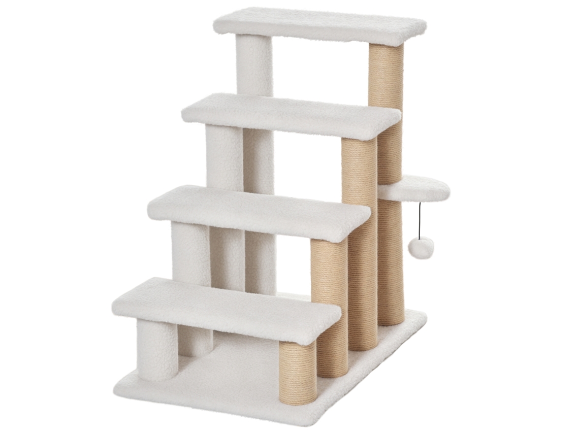 Escada para Gatos com 4 Degraus, Postes de Arranhão e Pelúcia Branca 60x40x64cm S/MARCA