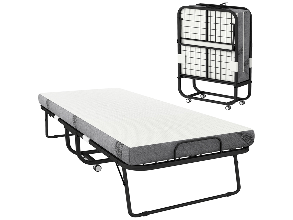 Cama Dobrável portátil com colchão individual, rodas com freio, carga 150kg, branco 200x90x42,5 cm | S/MARCA