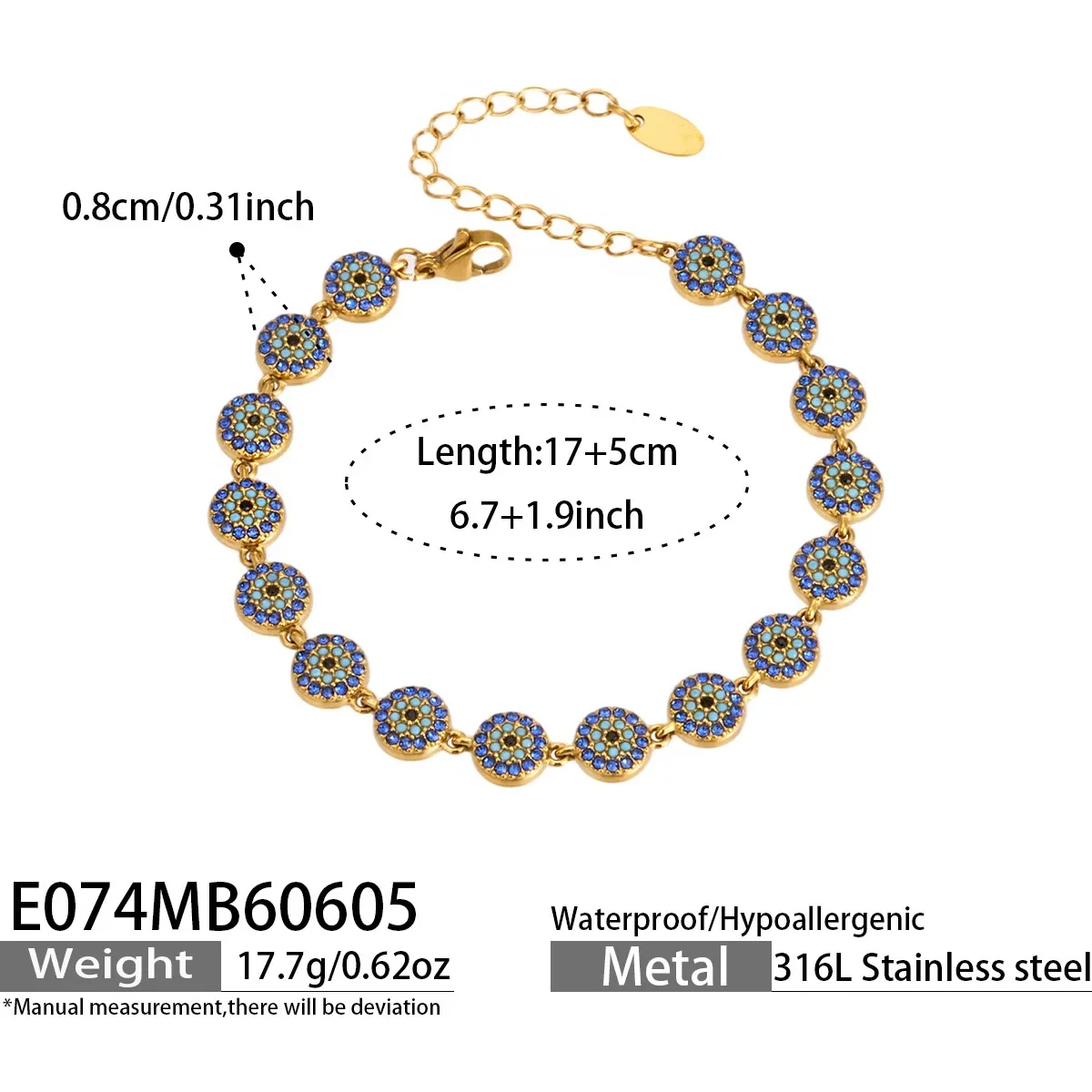 Pulseira Ocean Series Em Aço Inoxidável Banhado A Ouro Com Turquesa Incrustada