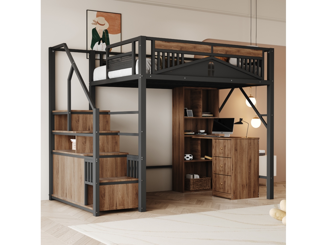 Cama Alta Metal Preto 140x200 Segurança Janela Escada