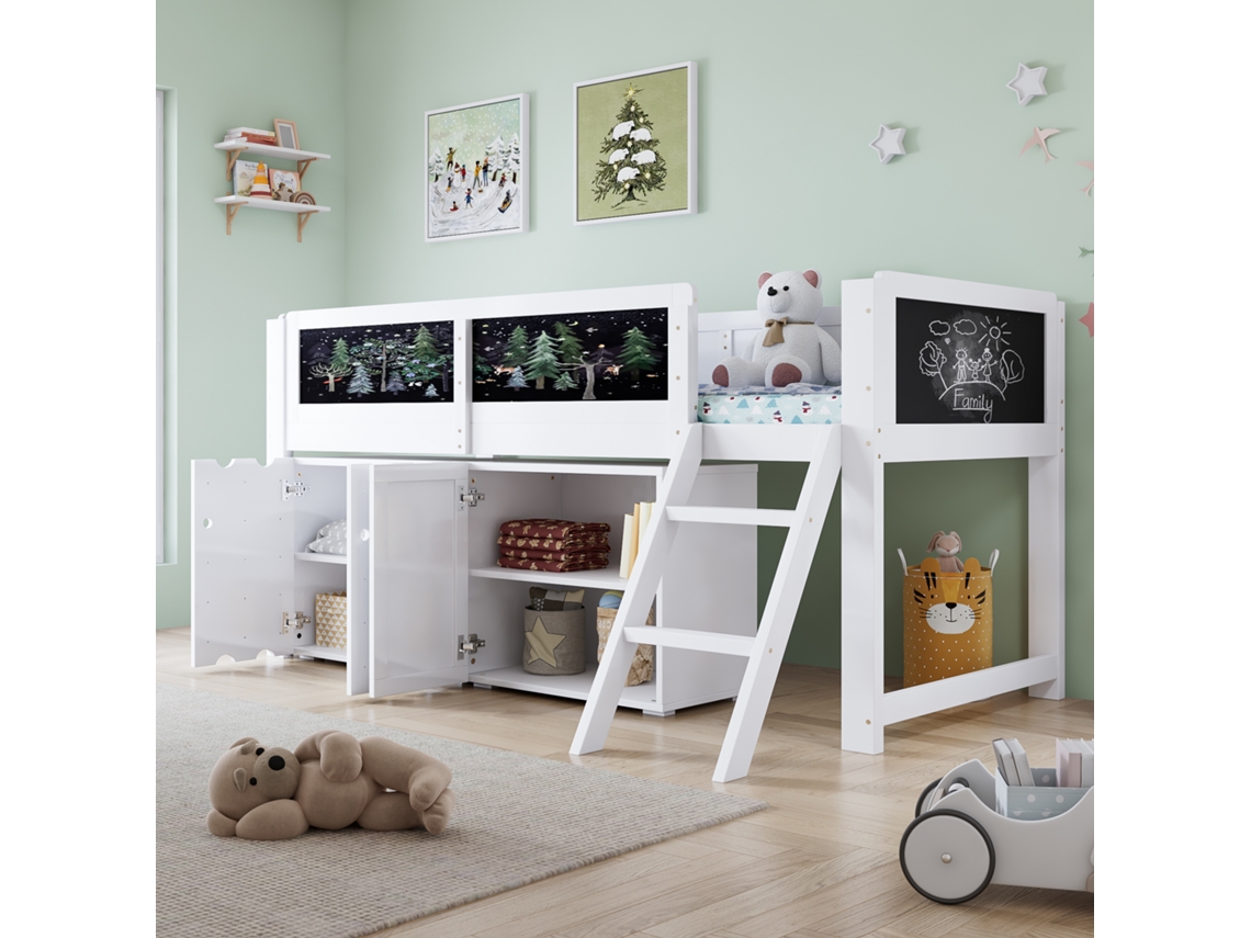 Cama Alta Infantil 90x200cm Com Gavetas Tábua De Desenho Escada E Guarda-sol