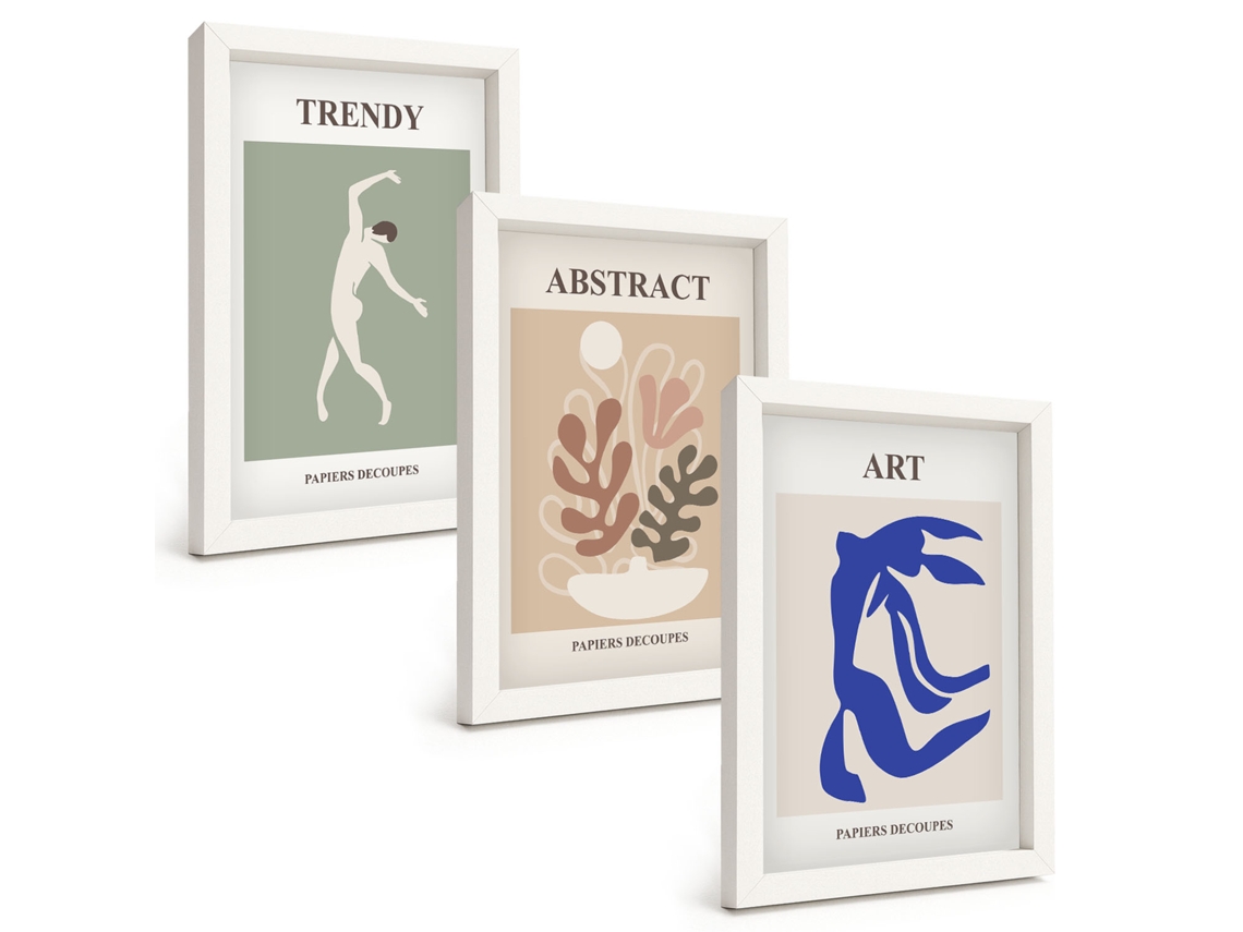Composição De Quadros Figuras De Plantas Estilosas, Matisse Moldura Branca Pinturas De Quarto Espelharte (3 Peças 20x30 Cm)