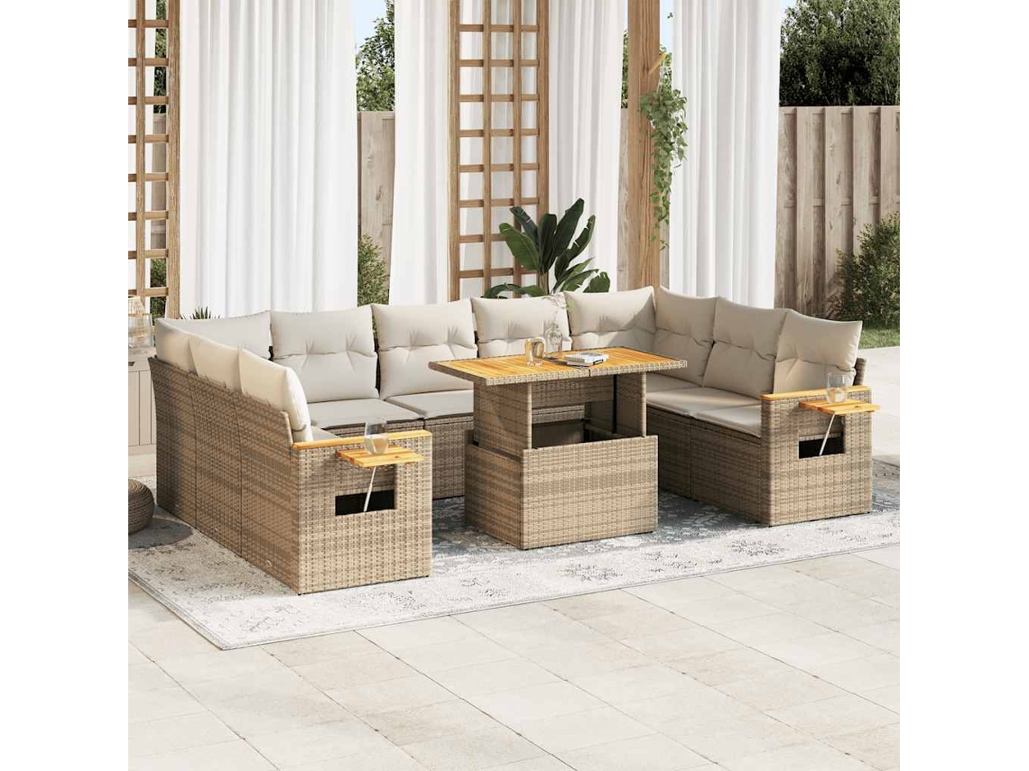 Vidaxl 10 Pcs Conj. Sofás P/ Jardim C/ Almofadões Vime Pe/acácia Bege