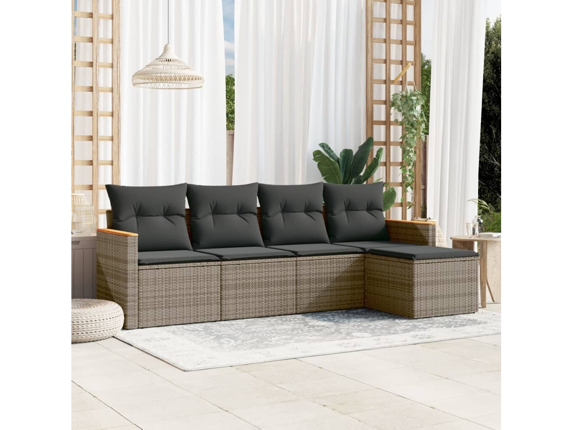 Vidaxl 5 Pcs Conjunto Sofás de Jardim C/ Almofadões Vime Pe Cinzento