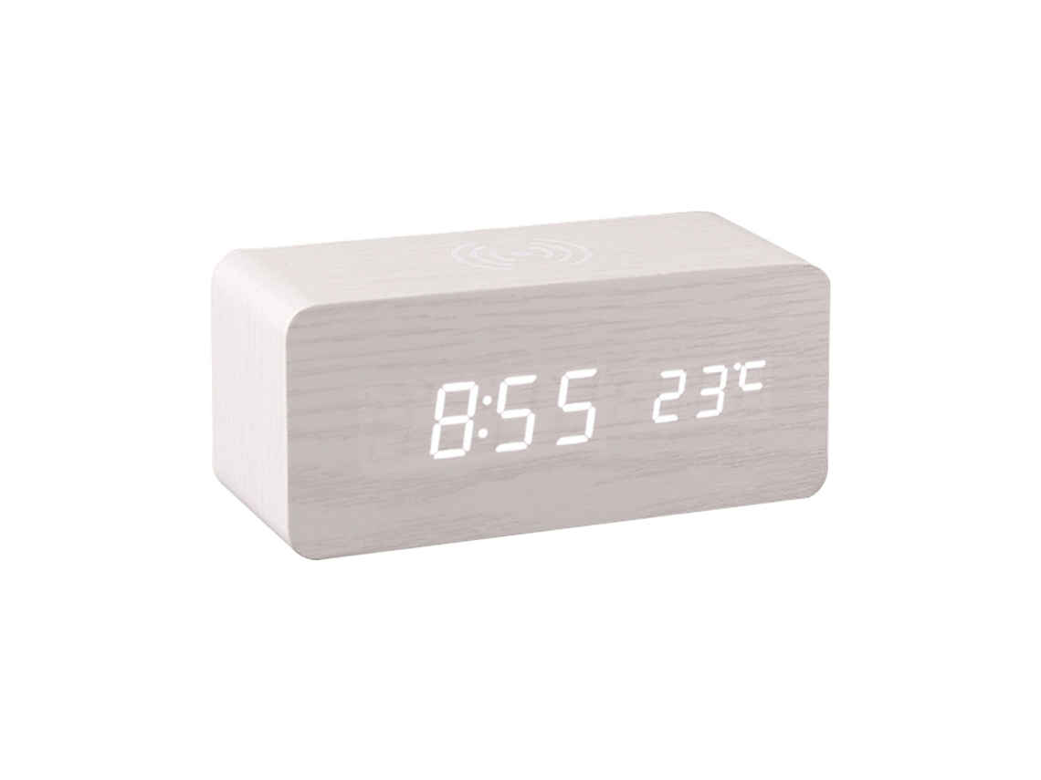 Reloj Despertador Digital De Madera Con Pantalla Led 3 Alarmas Carga Inalámbrica 10w Fecha Y Temperatura Blanco