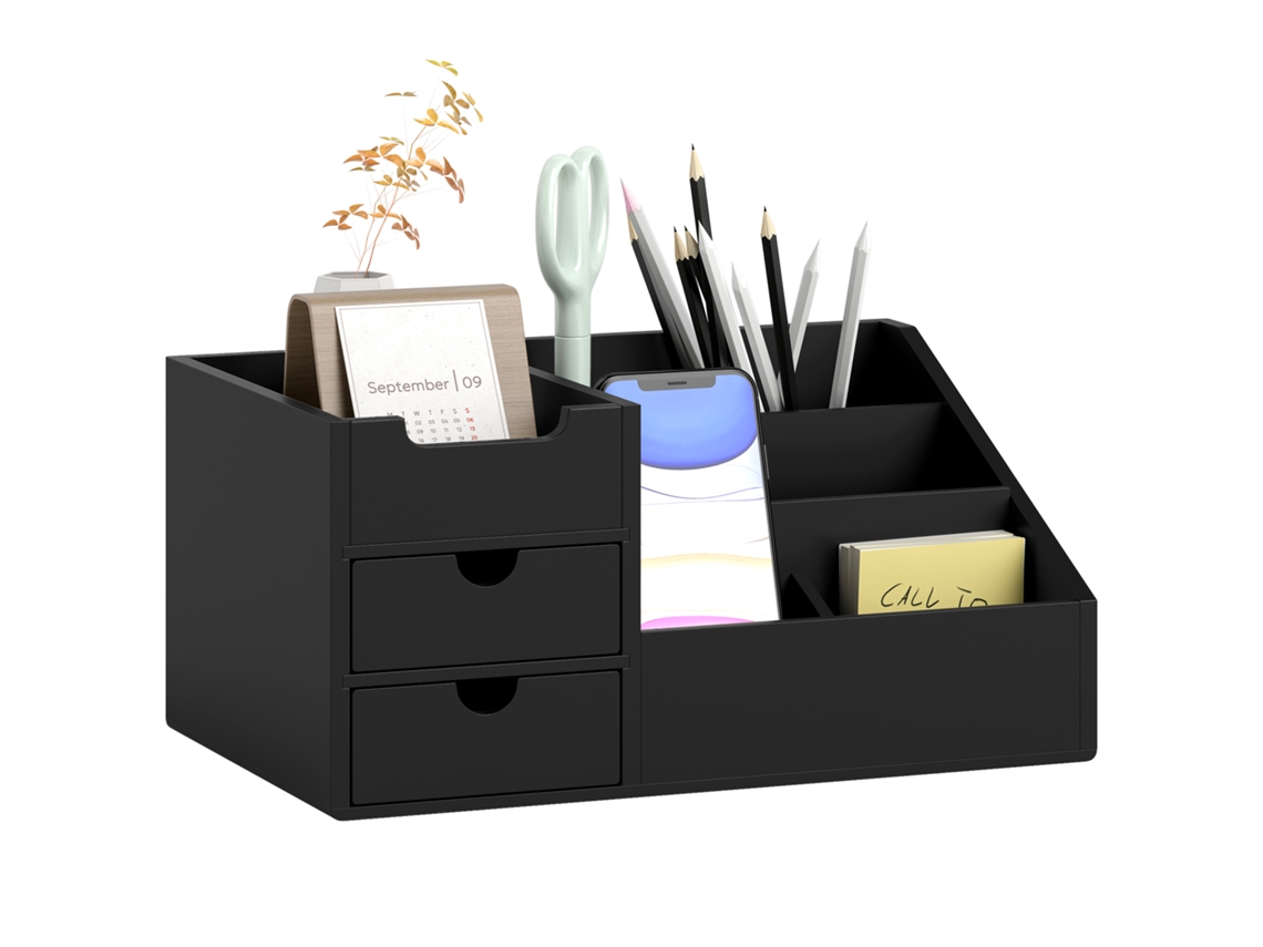 Caixa organizadora de mesa organizador de escritório 7 compartimentos, 2 gavetas bambu verniz preto BTFORUS