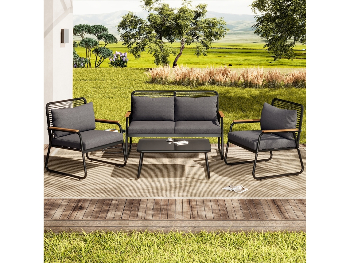 Conjunto de 4 Lugares para Jardim, Estrutura em Ferro Galvanizado, Mesa com Tampo de Vidro Temperado, Pés Ajustáveis, Almofadas para Assento, Preta KOMHTOM
