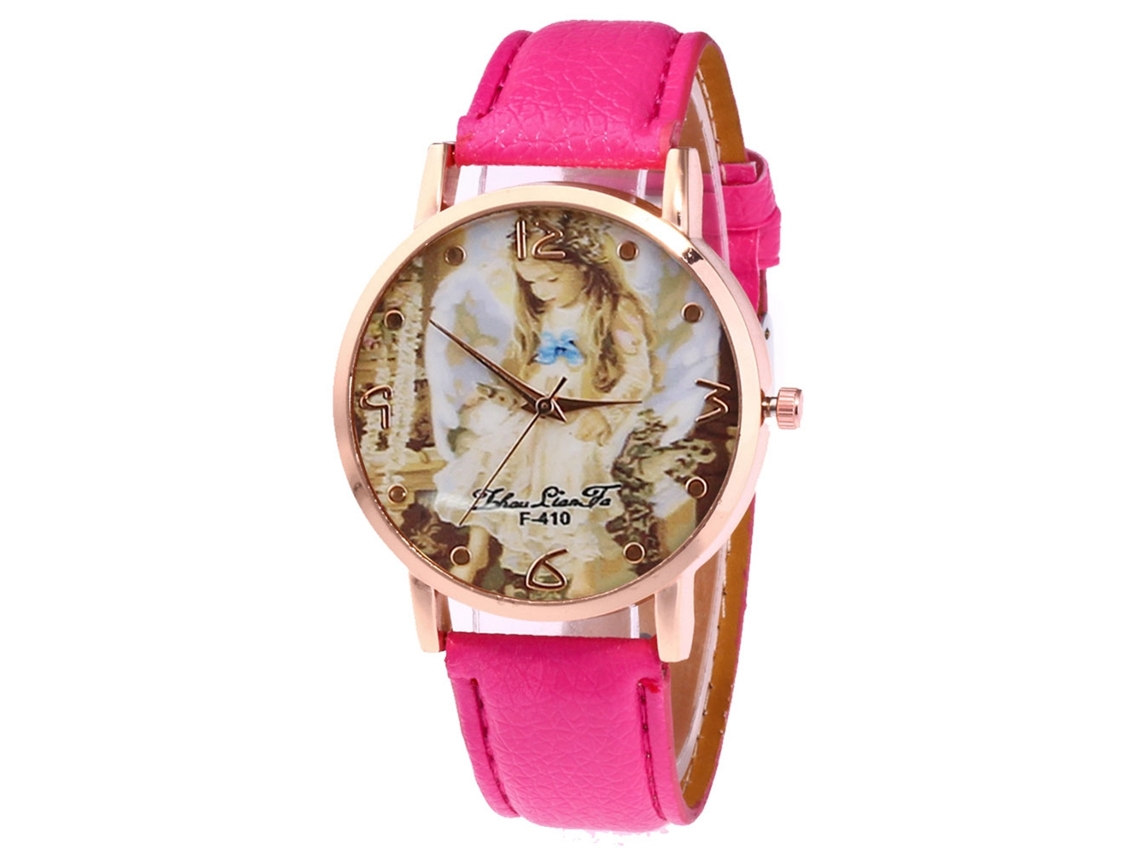 Reloj De Cuarzo Unisex Con Correa De Cuero Pu, Dial Ángelito, Color Rojo Rosa