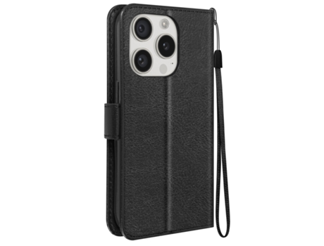 Capa com Cordão Aba Proteção Pulso para iPhone 15 Pro MAYAXESS Pele Preto