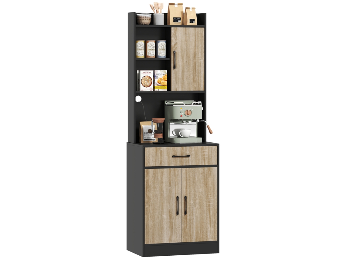 Armário De Cozinha Com Bancada E Orifício Para Cabos, Cômoda Moderna Com Gaveta, 3 Prateleiras Abertas, Madeira Natural, Preta.