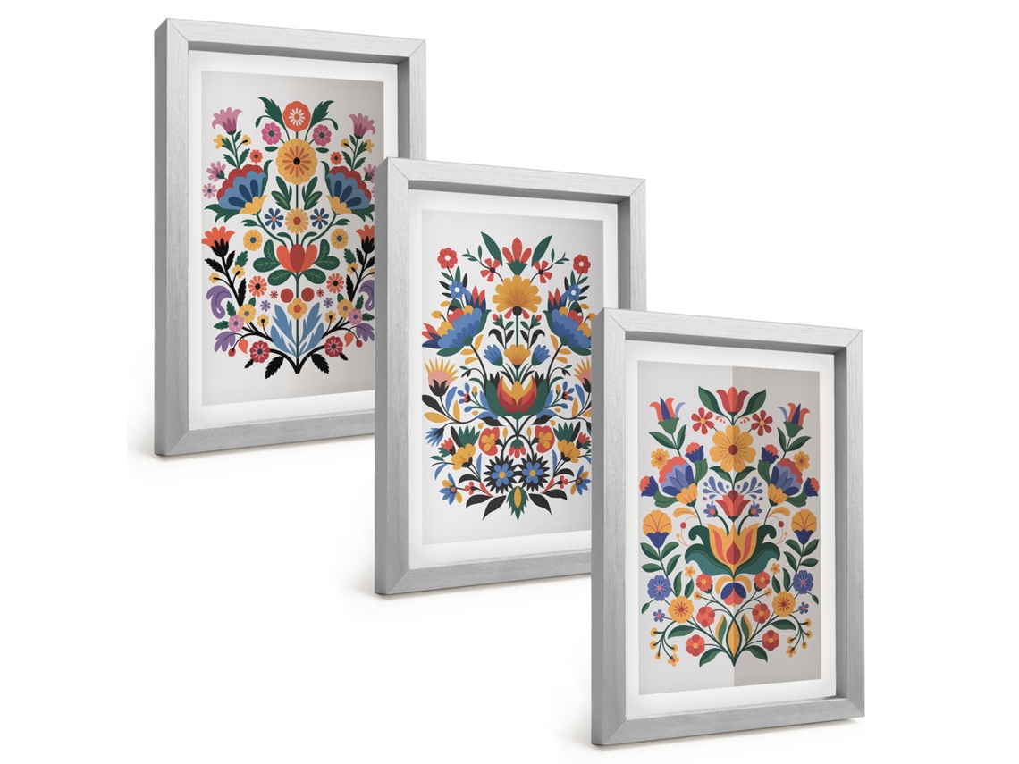 Pinturas Murais Modernaspadrões Florais Intensos Moldura Prateada Fotos Para O Corredor Espelharte (3 Peças 20x30 Cm)