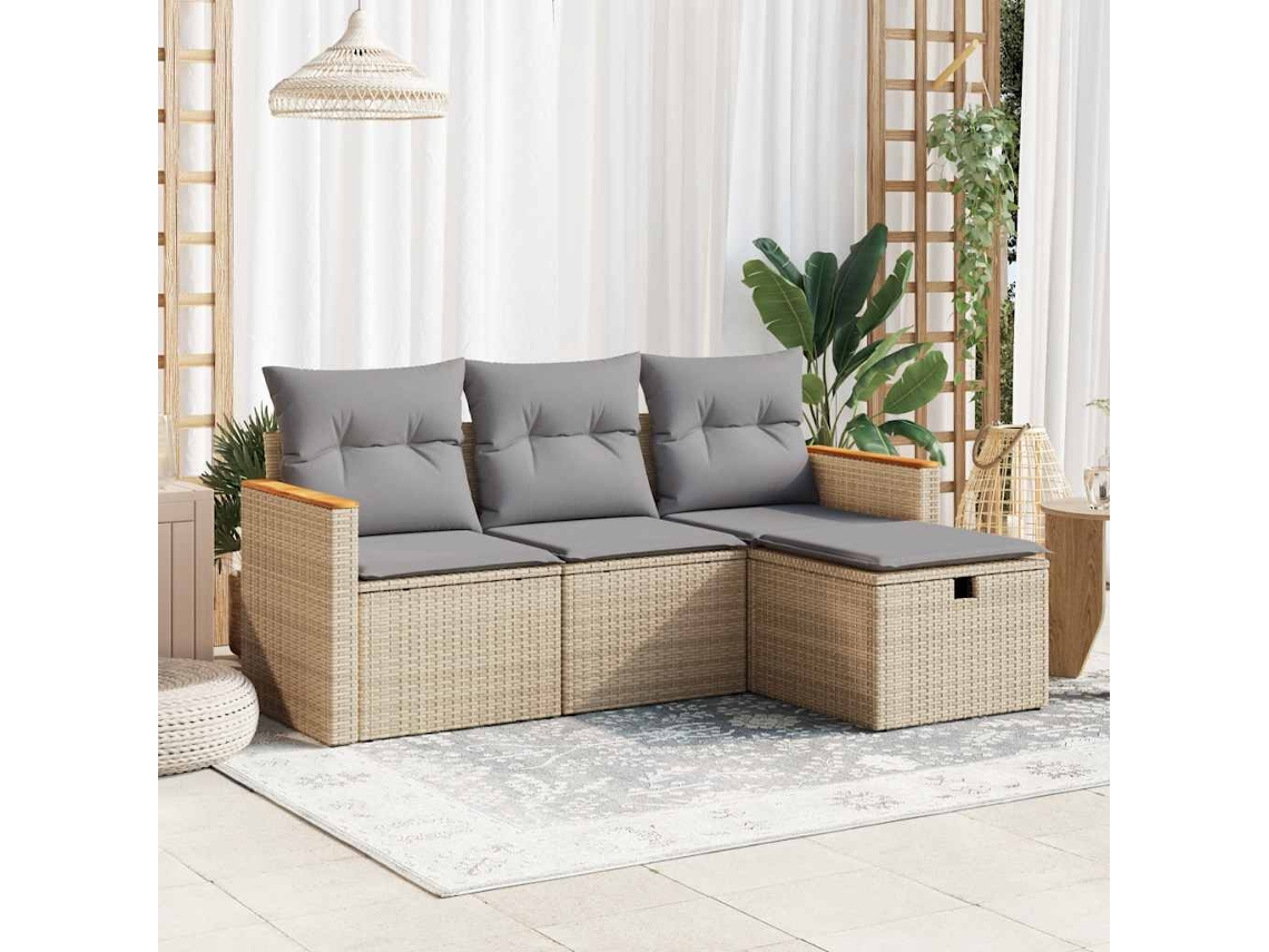 Vidaxl 4 Pcs Conjunto De Sofás Para Jardim C/ Almofadões Vime Pe Bege