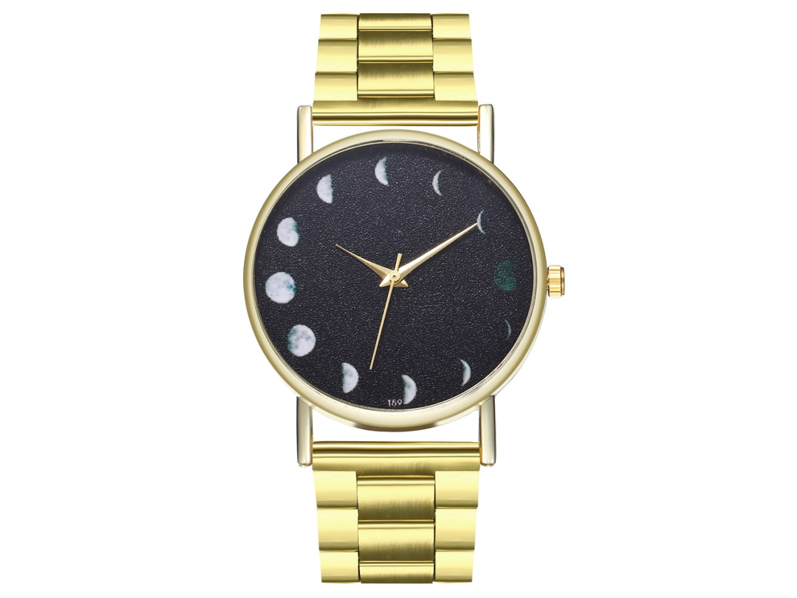 Relógio de pulso feminino de quartzo com pulseira de aço e estampa de eclipse.