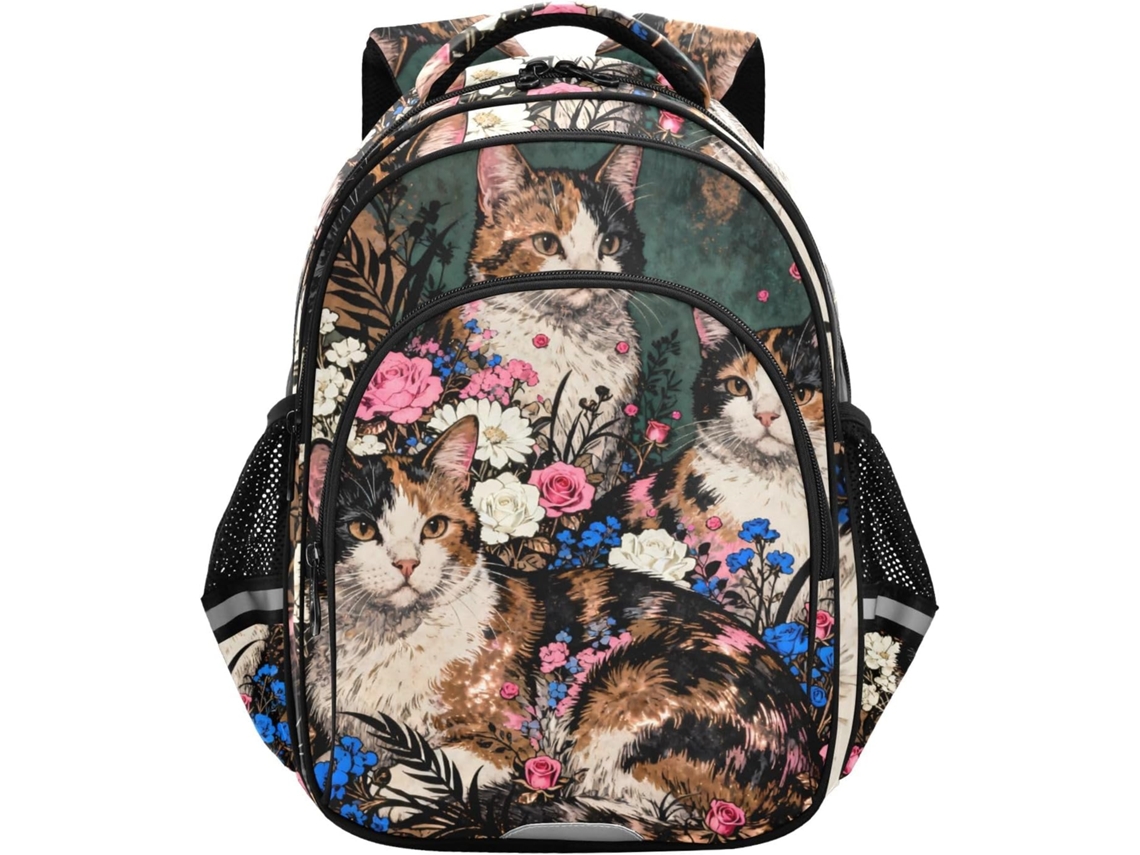 Mochila Infantil De 43,2 Cm Para Escola, Viagens E Caminhadas, Com Estampa Floral De Gato, Retrato Marrom