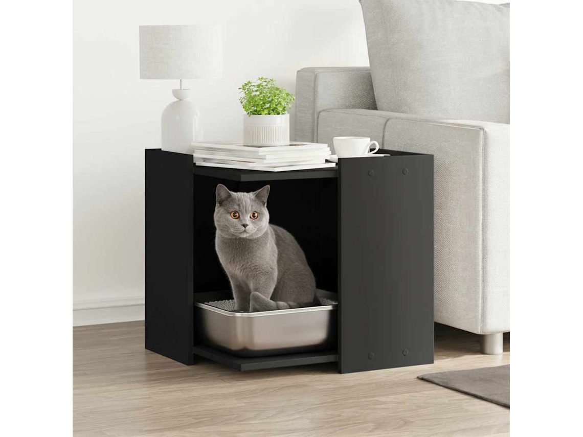 Vidaxl Compartimento P/ Caixa Areia De Gatos Derivados Madeira Preto
