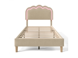 Cama Estofada PAPRIKA com Led 90x200cm, estrutura Ajustável em Bege, para Quarto Juvenil ou Hóspedes, tecido de Linho
