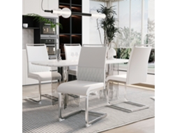 Conjunto De 4 Cadeiras Modernas Em Couro Sintético E Linho Branco Com Encosto Alto E Listras Horizontais Para Sala E Escritório.
