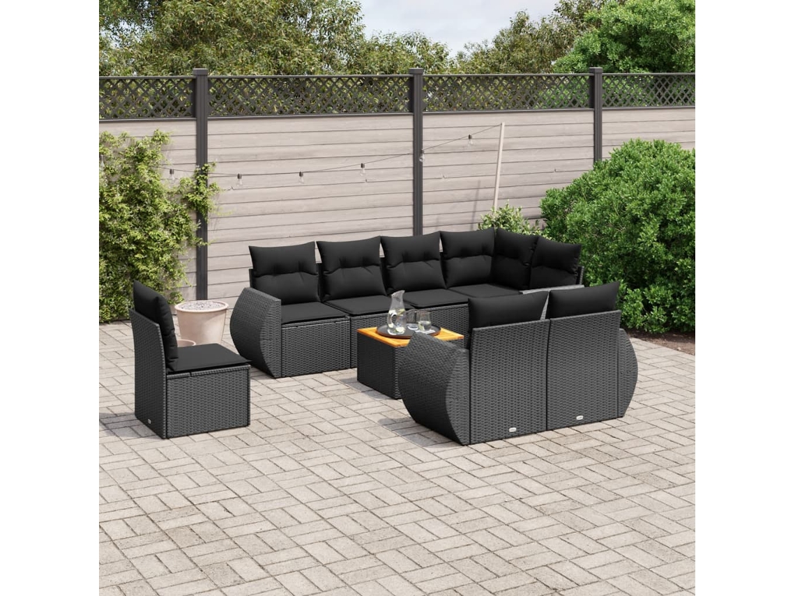 Vidaxl 9 Pcs Conjunto De Sofás P/ Jardim C/ Almofadões Vime Pe Preto