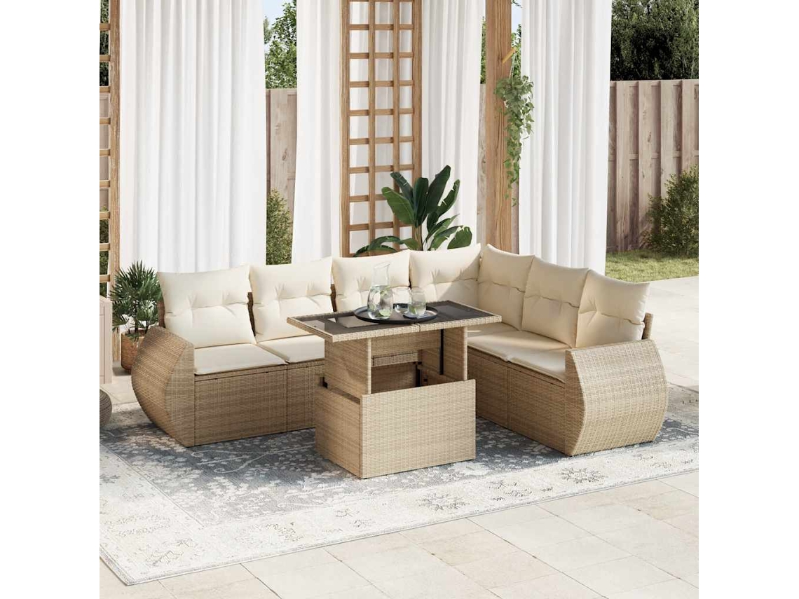 Vidaxl 7 Pcs Conjunto De Sofás P/ Jardim Com Almofadões Vime Pe Bege
