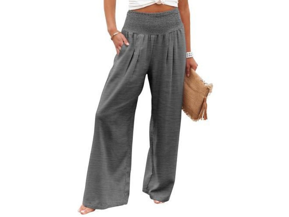 Calça casual feminina Rebe de cintura alta, pernas largas e elásticas, com bolsos, tamanho G, cinza.