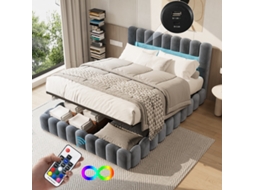 Cama De Casal Hidráulica Com Arrumação, 180x200 Cm, Cabeceira Com Led, Porta Usb, Estofos Em Veludo, Cinza (colchão Não Incluído)