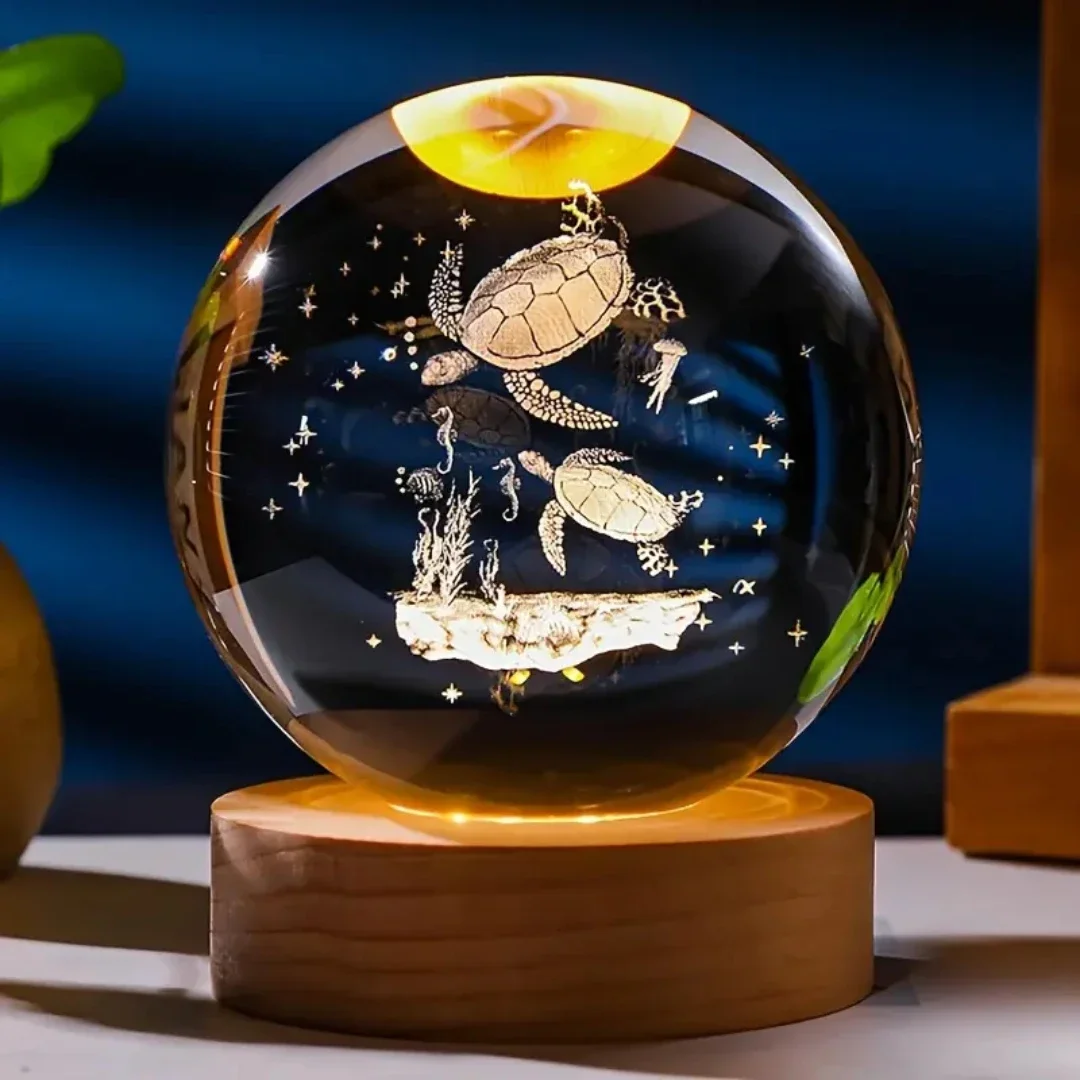 Bola de Cristal em Formato de Tartaruga de 6 Cm com Gravação a Laser 3d MDUG (luz Quente)
