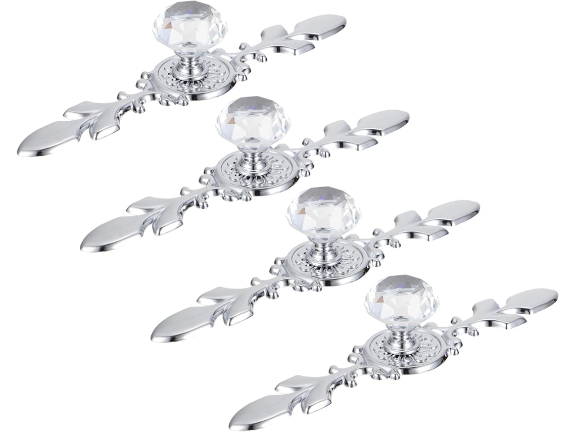 Conjunto De 4 Puxadores Cristal Prateados 781d Grandes Com Furo Único