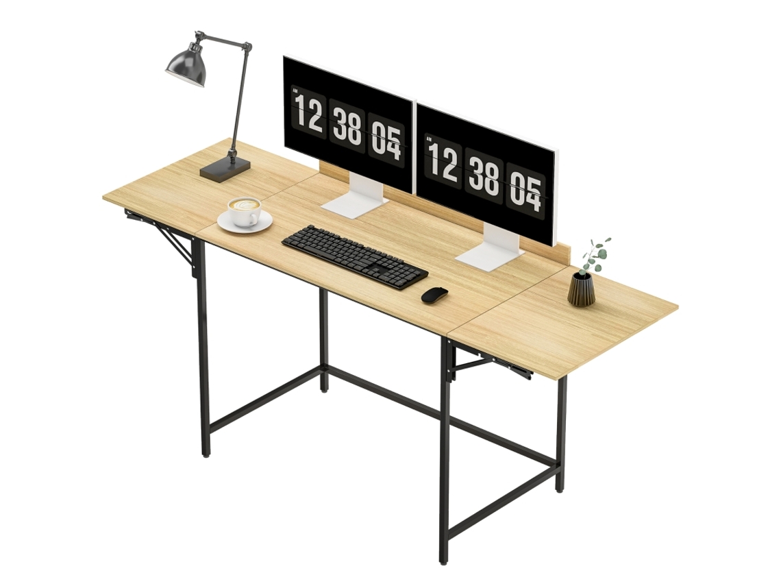 Mesa De Computador Dobrável Com 2 Abas Extensíveis, Amplo Espaço Para Monitores, Pés De Metal, Construção Robusta, Carvalho + Preto