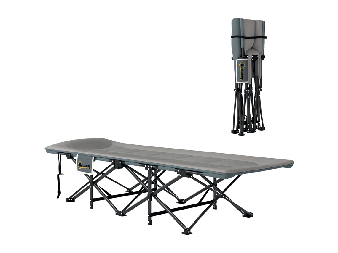 Cama de Camping Dobrável com Almofada Integrada,apoio para Cabeça e Bolso Lateral 187x67x37cm Cinza BTFORUS