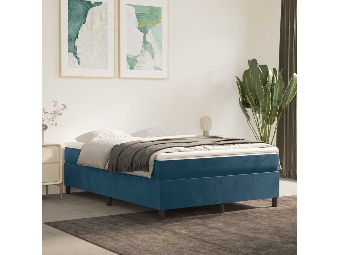 Vidaxl Cama Com Molas/colchão 140x200 Cm Veludo Azul-escuro