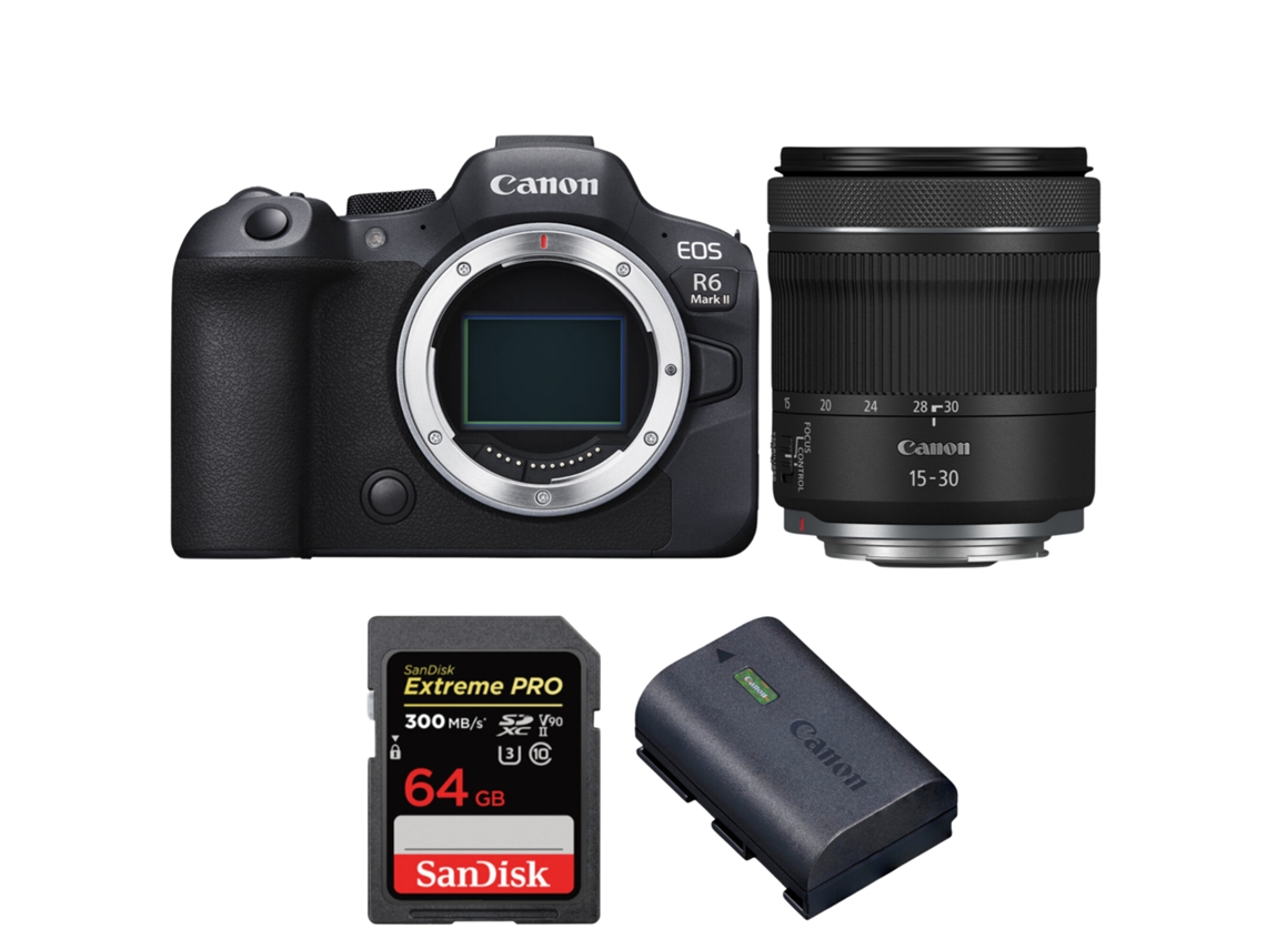 Eos R6 Mark Ii + Rf 15 30mm F/4.5 6.3 Is Stm + 1 Sandisk 64gb Uhs ii 300mb/s + 1 Canon Lp e6nh + Ebook “20 Dicas para Fotos Que Impressionam” CANON