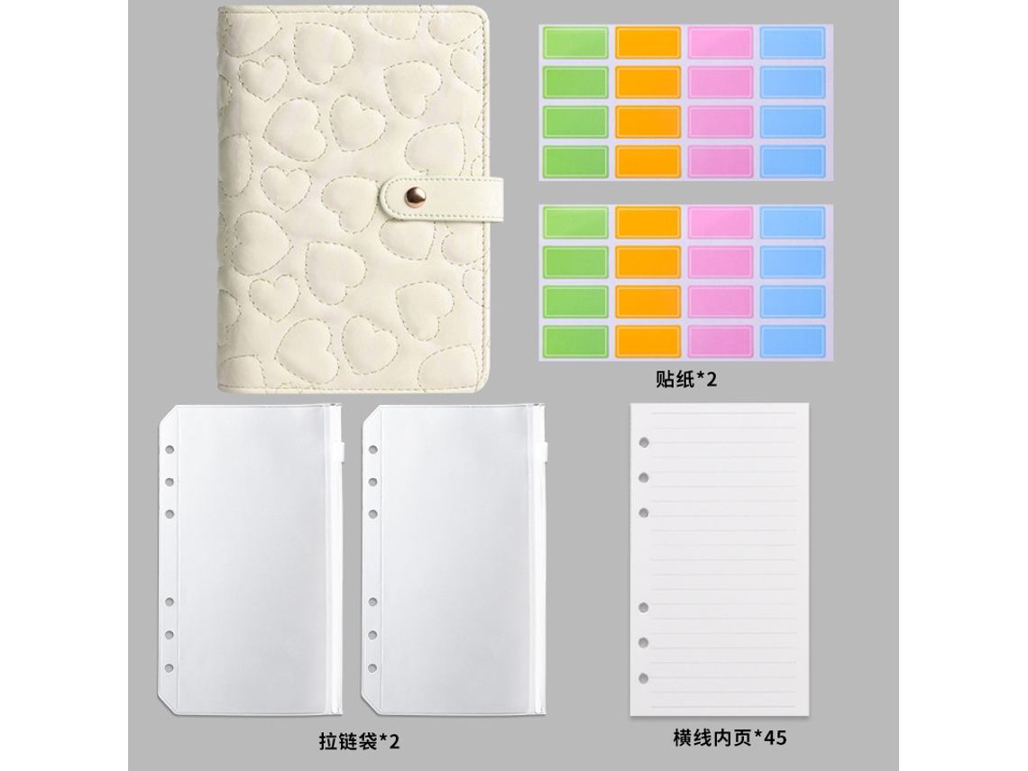 A5 Loose Leaf Heart Pattern Notebook Soft Cover, Khaki White, Financial Planning Journal With 45-lined Pages, 2-stickers