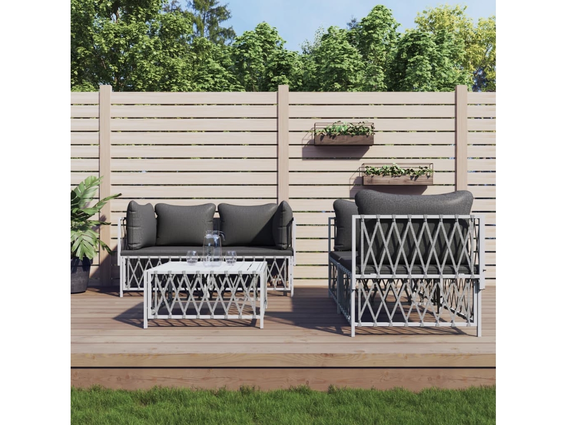 Vidaxl 5 Pcs Conjunto Lounge De Jardim Com Almofadões Aço Branco