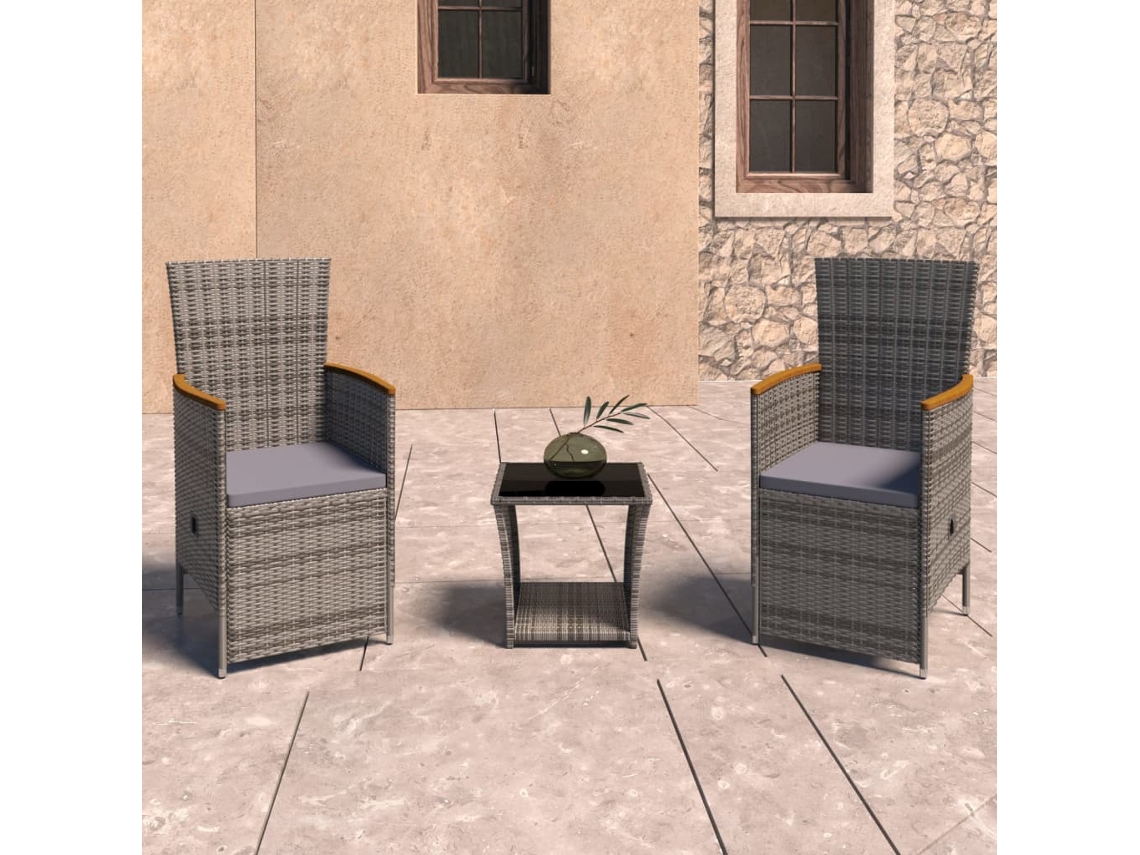 Vidaxl 3 Pcs Conjunto Lounge De Jardim C/ Almofadões Vime Pe Cinzento
