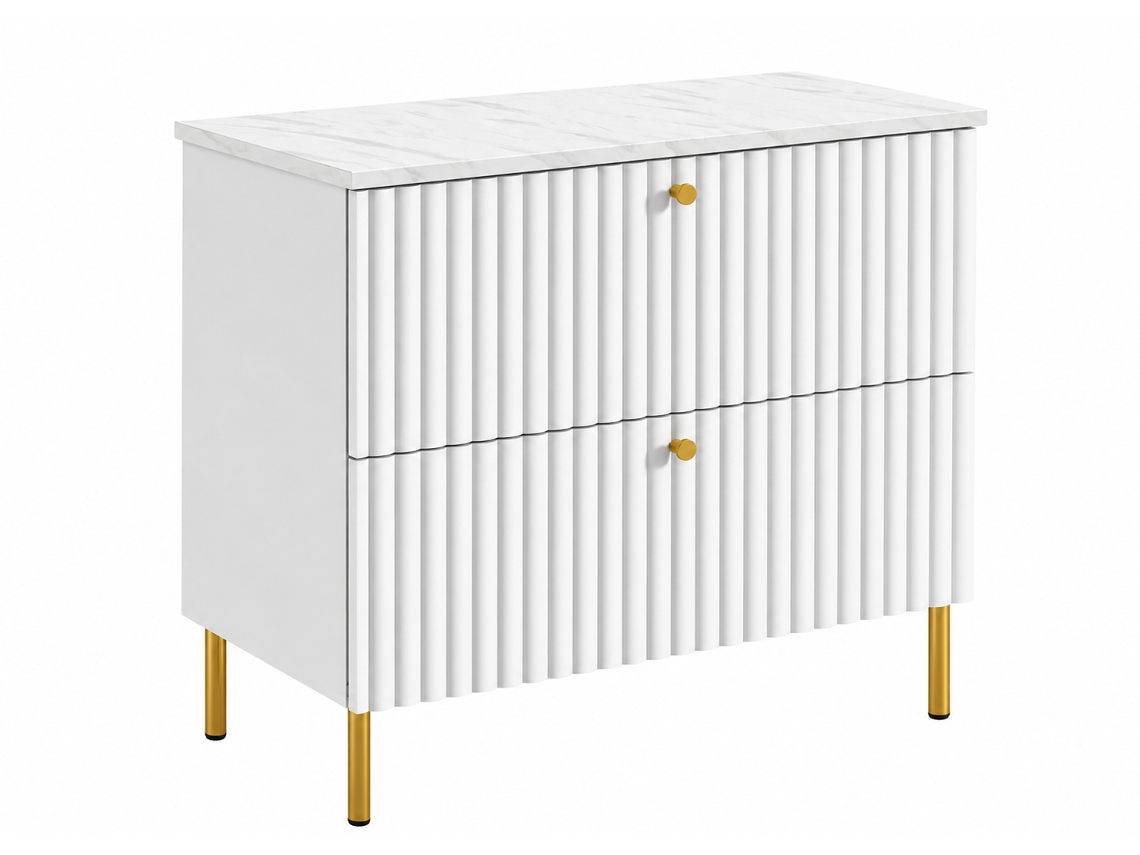 Móvel De Casa De Banho De Pé Com Tampo 80, Branco + Tampo Com Efeito Mármore Bianco, Puxadores Em Três Cores, Pés Dourados, 80 X 44,4 X 73,6 Cm