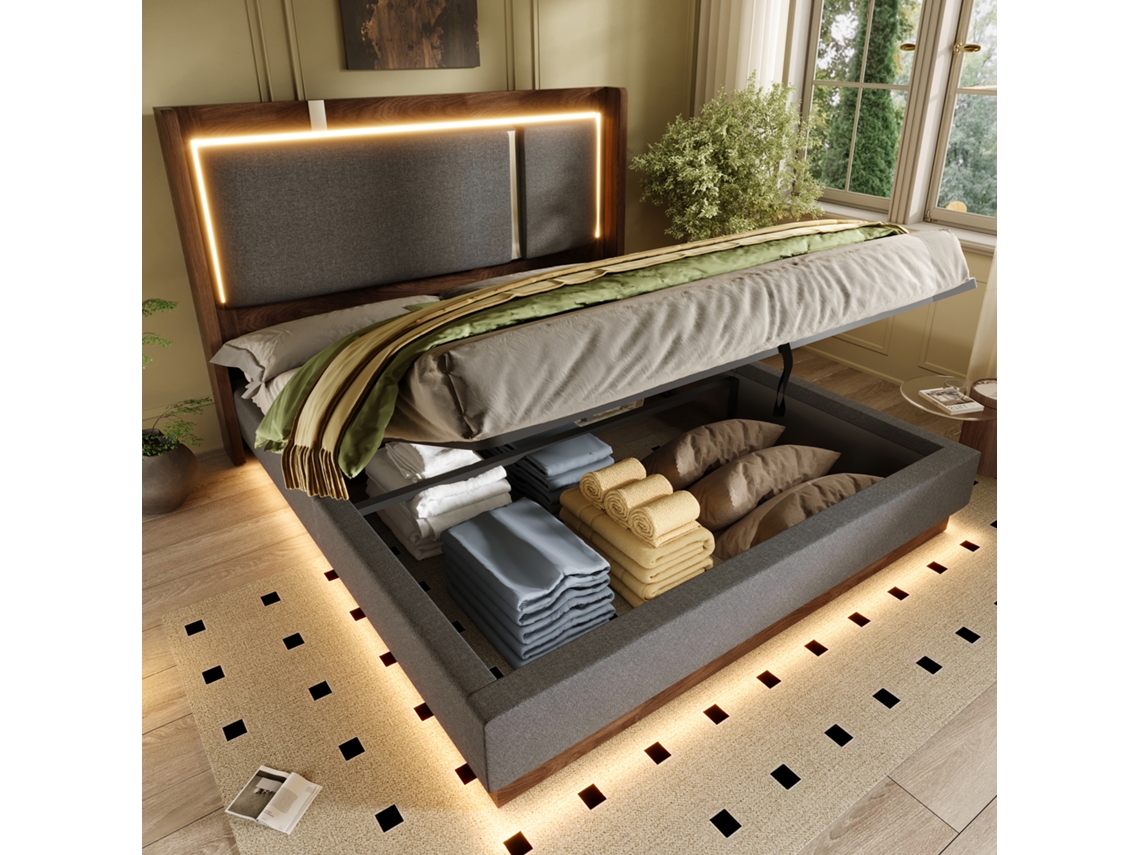 Cama Estofada Linho E Madeira Cinza Noz 180x200 Cm