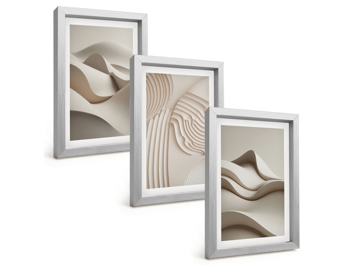 Um Conjunto De Imagens Decorativas Em Uma Molduraondas Abstratas Em Bege Moldura Prateada Pinturas De Quarto Espelharte (3 Peças 20x30 Cm)