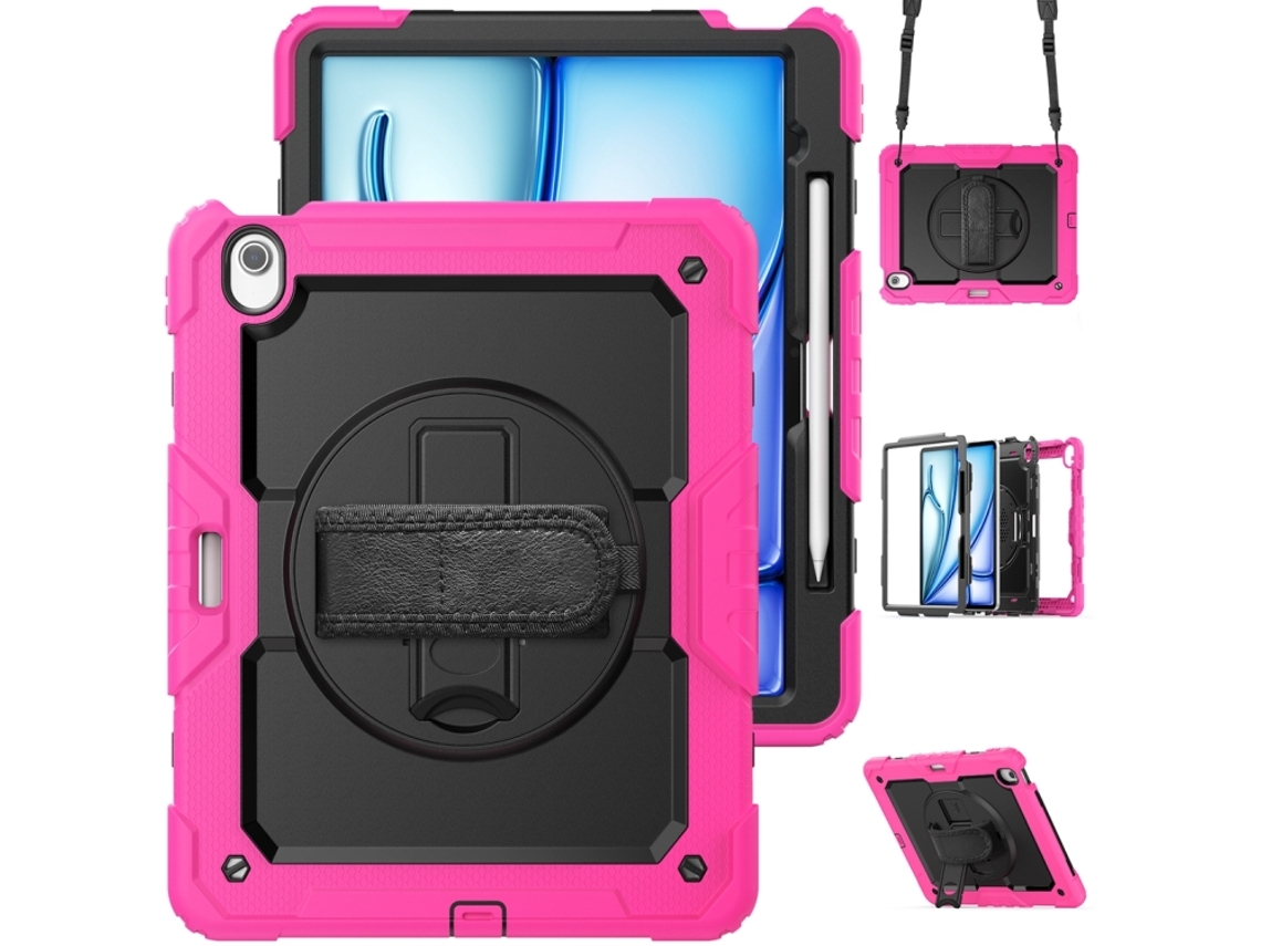 Capa Para Ipad Air 13 2026/2025/2024 13 Polegadas À Prova De Choque,com Suporte E Alça De Ombropreto + Vermelho Rosado